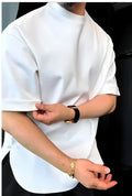 White men's cotton T-shirt with buttoned round hem and crew neck