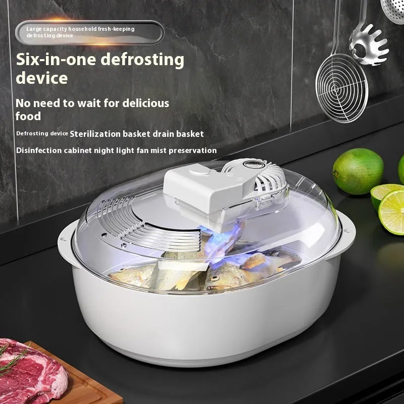 A modern aluminium household defrosting plate with a USB cable on a kitchen worktop.