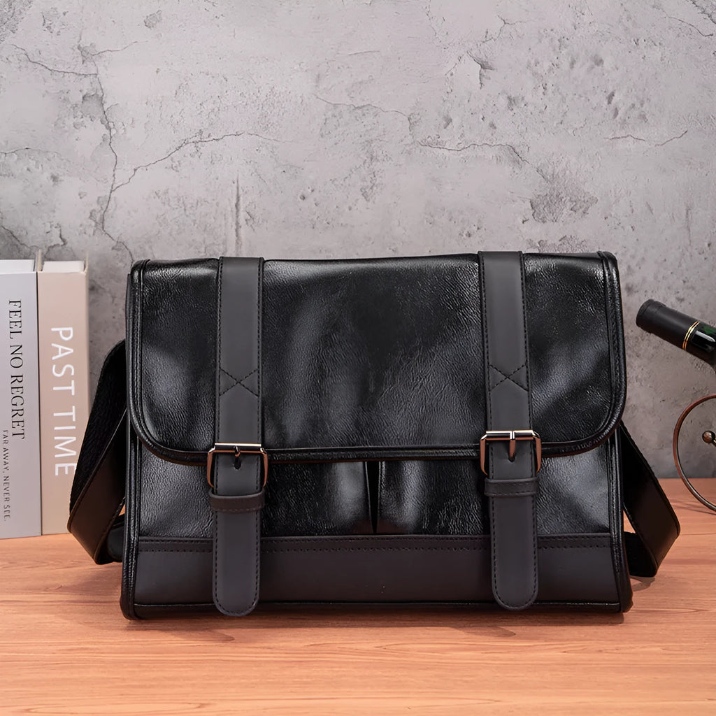 Black Korean-style men's commuter backpack with anti-theft function and PU construction
