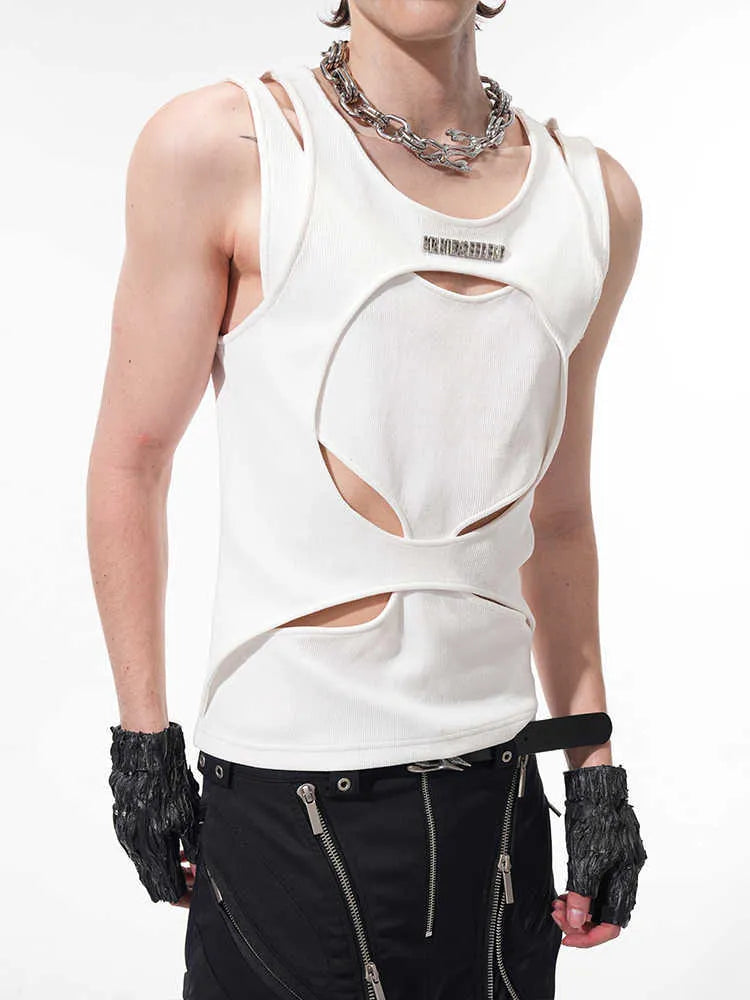 Men's sleeveless waistcoat vest in hollow white thread knit with round neck collar