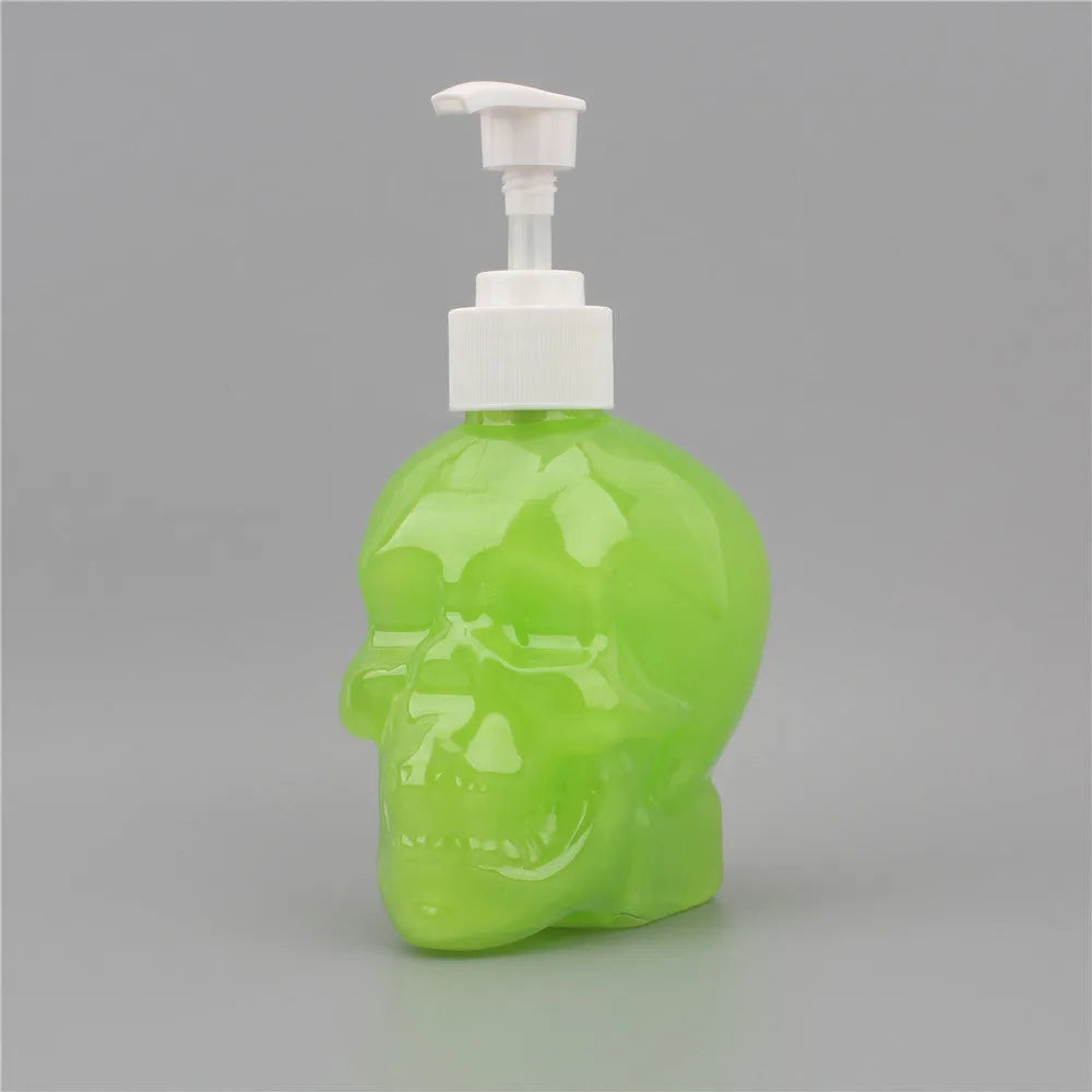 350ml skull-shaped empty hand sanitiser bottle in white, transparent or black plastic, 9.8cm x 7cm x 15.5cm