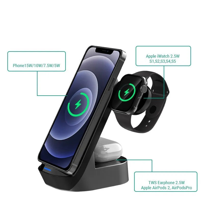 Black grey foldable 3-in-1 wireless charging stand for phone, watch, and earbuds.