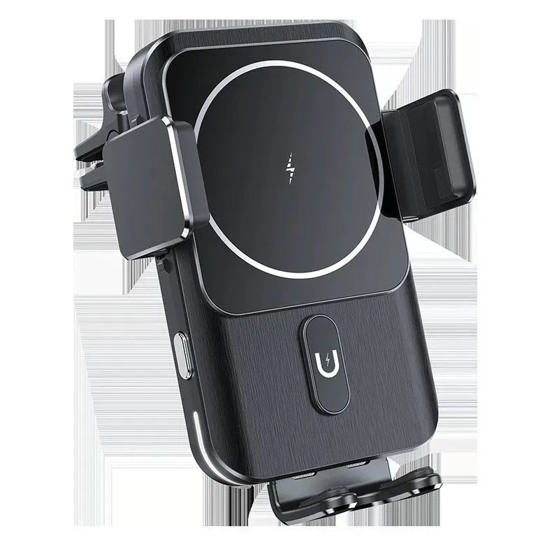 Black car wireless phone charger holder with 15W fast charging, shown with suction cup and clip mounting options.