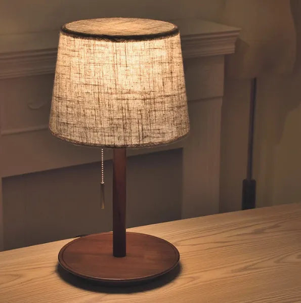 Walnut solid wood bedside lamp with fabric shade and cable switch