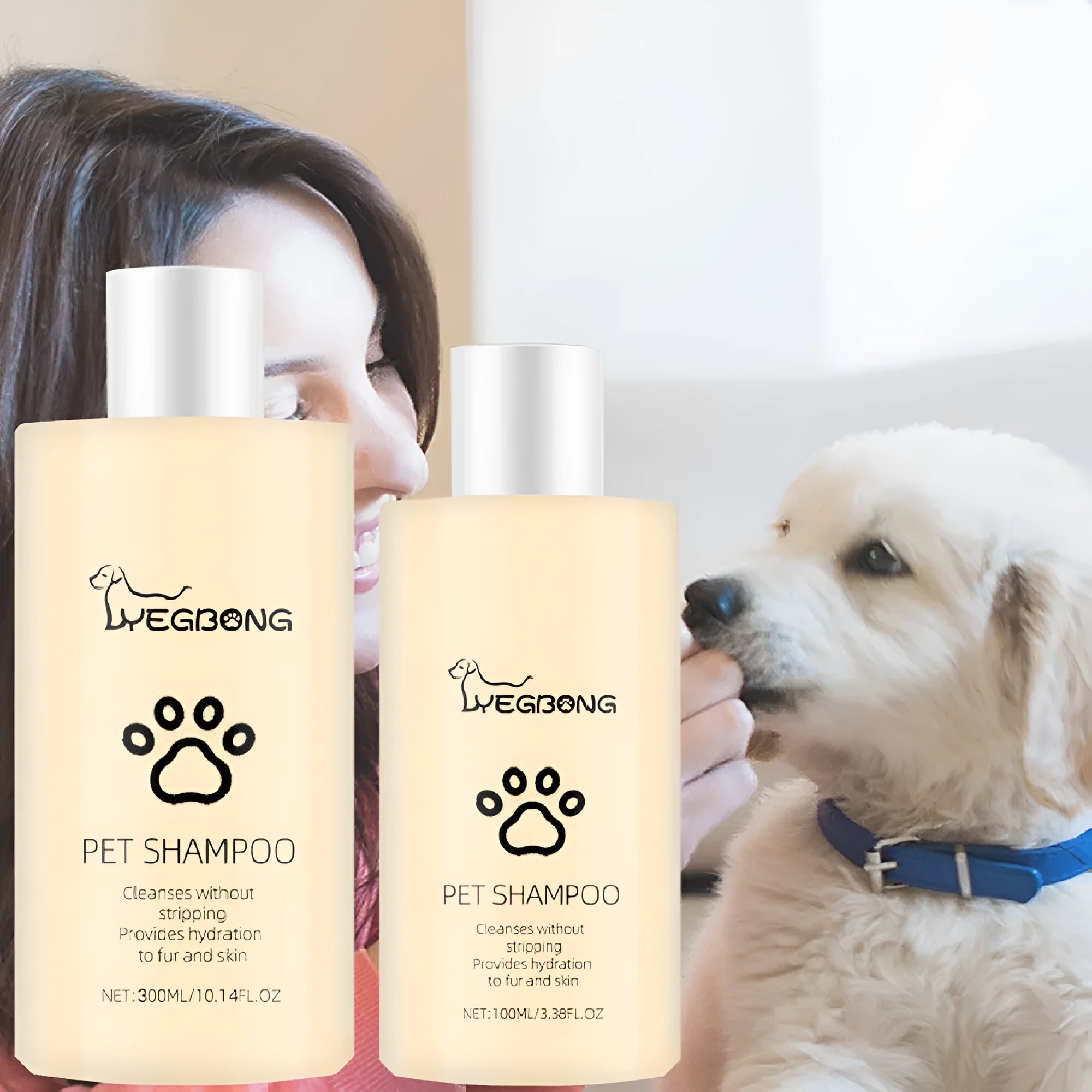 Mild pet shampoo bottle for dogs in 100ml and 300ml sizes for gentle coat cleaning and tangle prevention