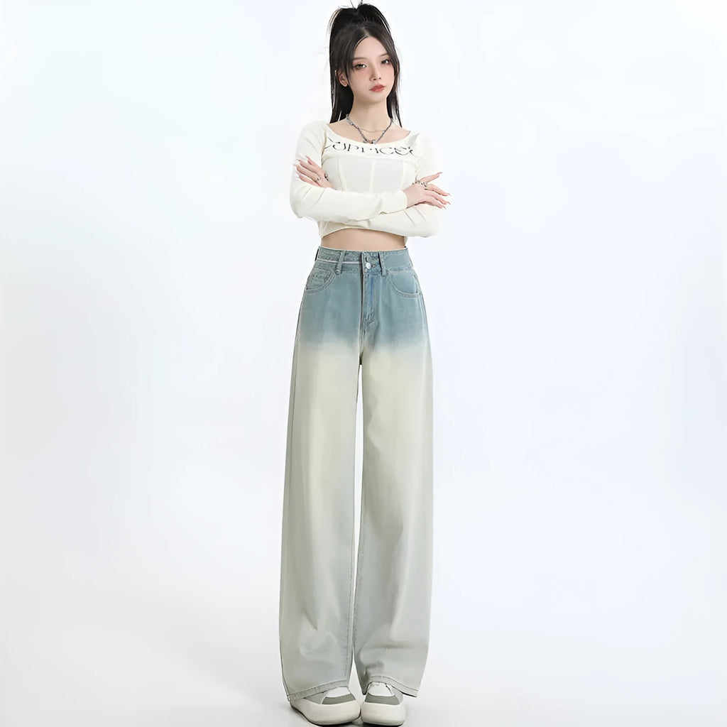Women's gradient blue straight-leg denim trousers with wide-leg cut on hanger