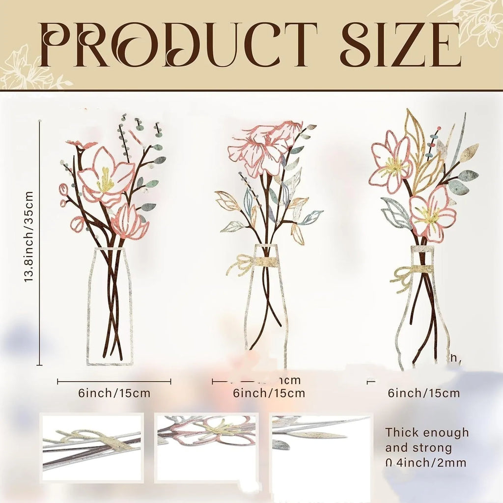Set of three metal flower vase wall decorations in modern farmhouse style.