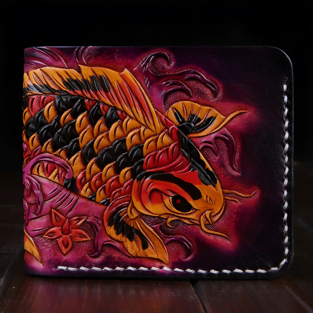 Men's hand-carved cow leather short wallet in red, blue, or gold, showing open design and compact size.