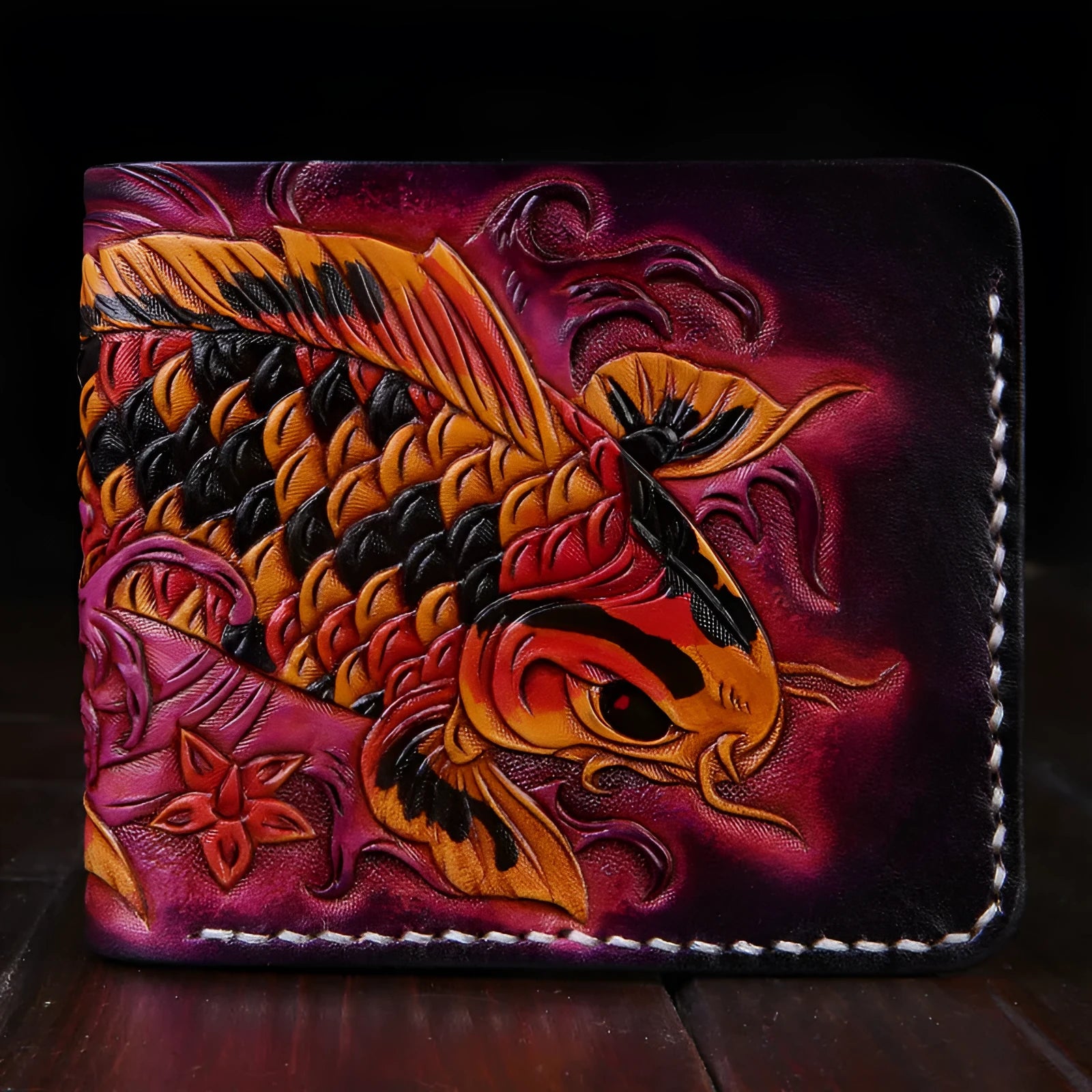 Men's hand-carved cow leather short wallet in red, blue, or gold, showing open design and compact size.