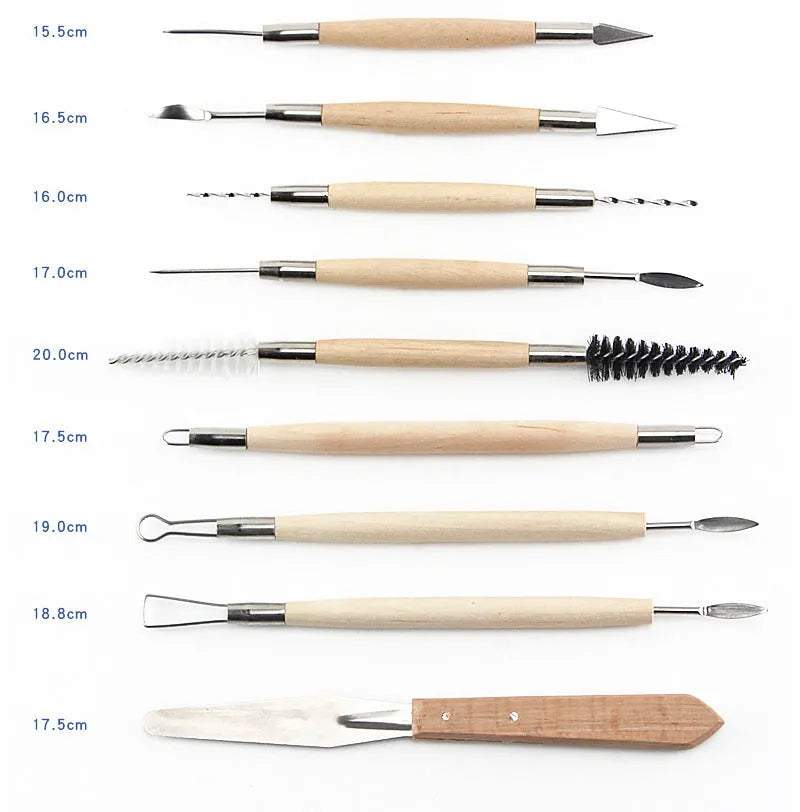 27-piece pottery tool set with stainless steel sculptors and wood tools rolled in a brown package.