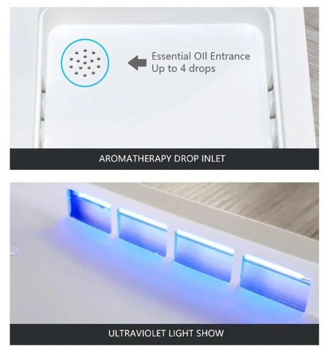 Blue UV phone steriliser unit with lid open, showing internal purple light for sanitising mobile phones.