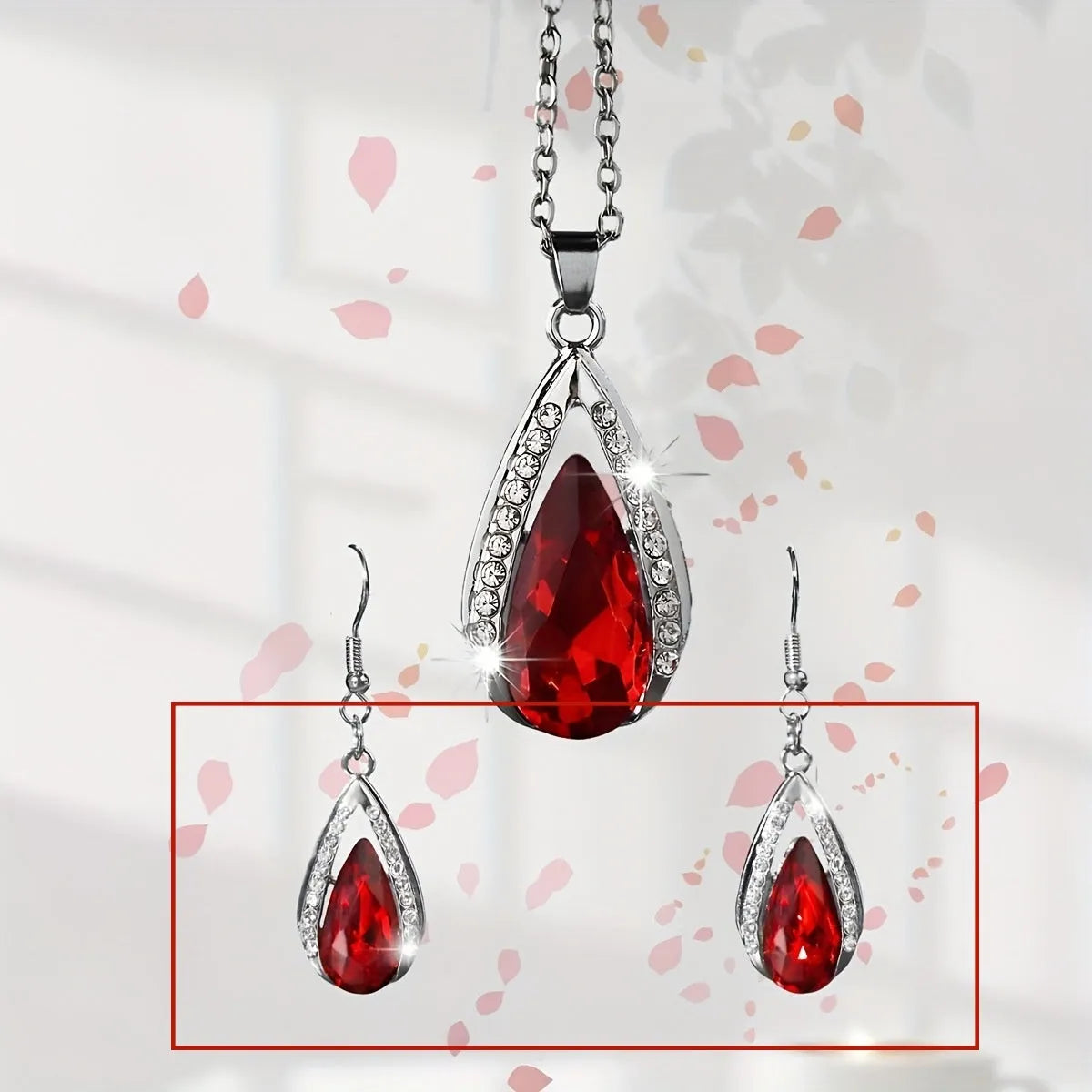 Black and red teardrop glass pendant necklace and matching earrings set