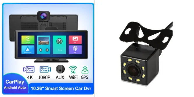 10.26-inch car dash camera with touch screen, front and rear recording cameras, and parking monitor display.