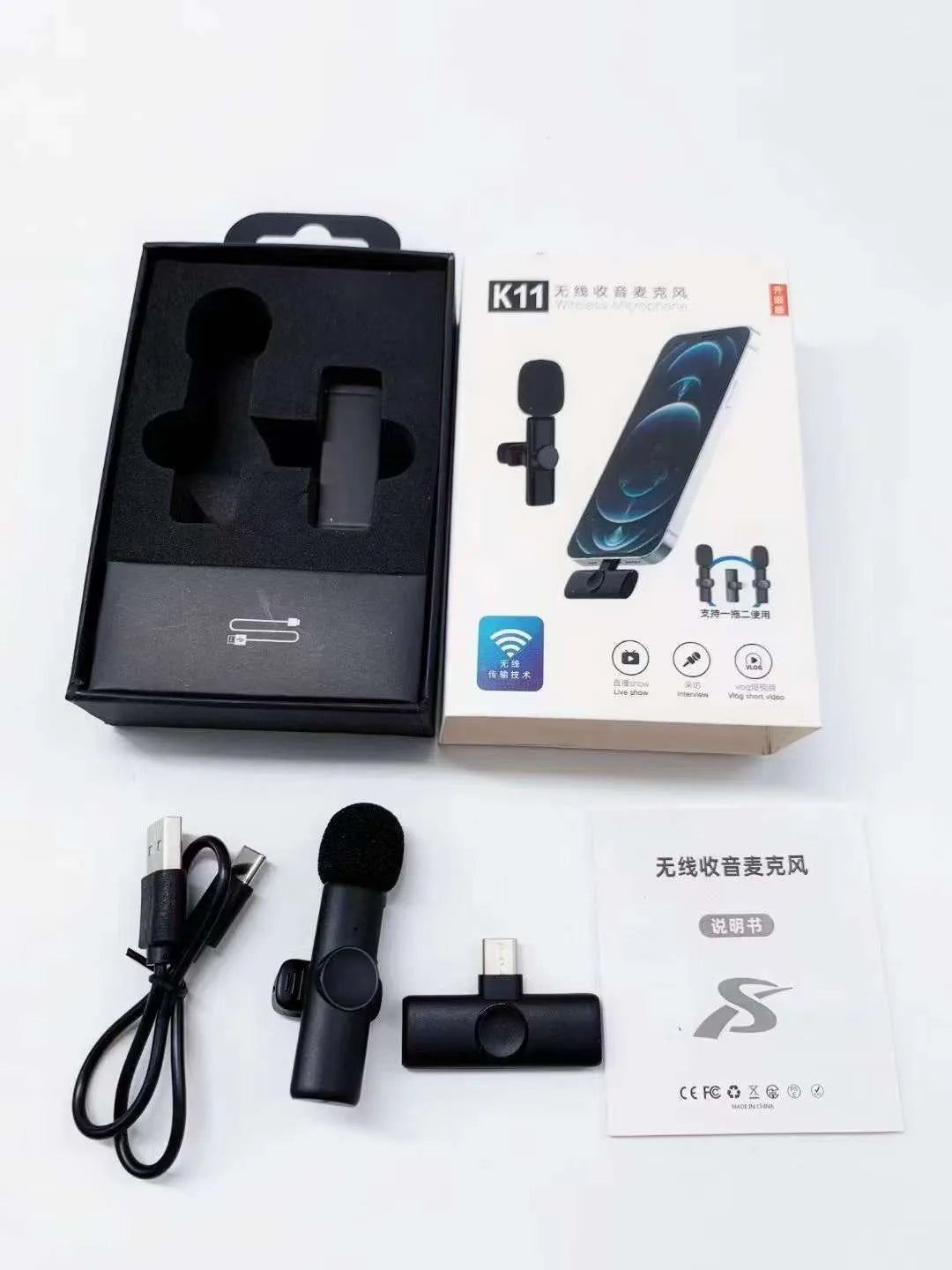 Wireless collar clip lavalier microphone for outdoor video recording with multiple interface connection options