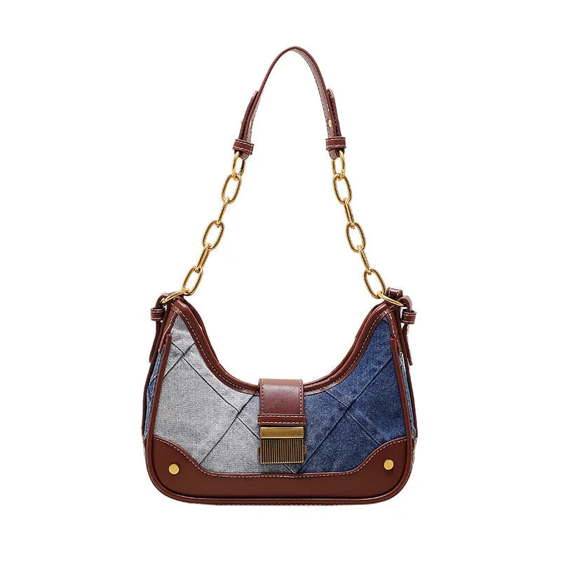 Brown denim women's shoulder bag with diamond chain, bucket design and street trend detailing