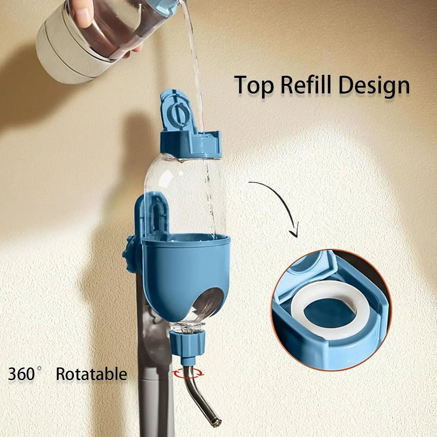Blue small animal water bottle with rotatable nozzle mounted on cage bars