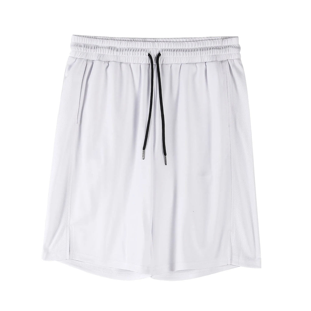 Men's black quick-dry mesh shorts with elastic waist, shown in a loose, casual fit.