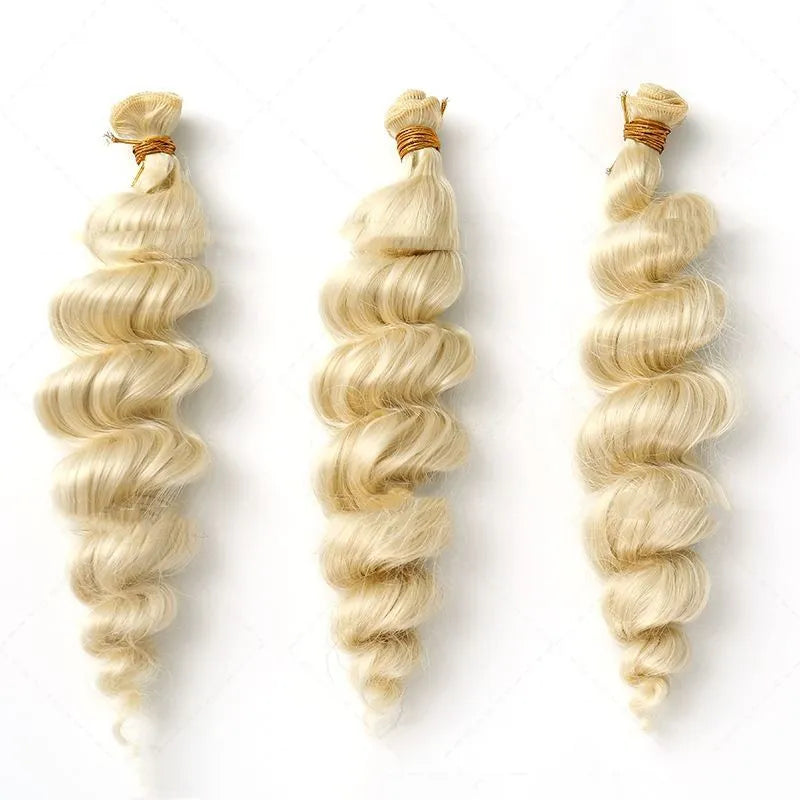 Golden women's synthetic wig with long hair weft, shown in 18, 20, and 22-inch length options.