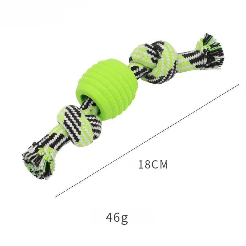 Blue dog chew toy with molar-shaped rubber section and dental cleaning rope strands