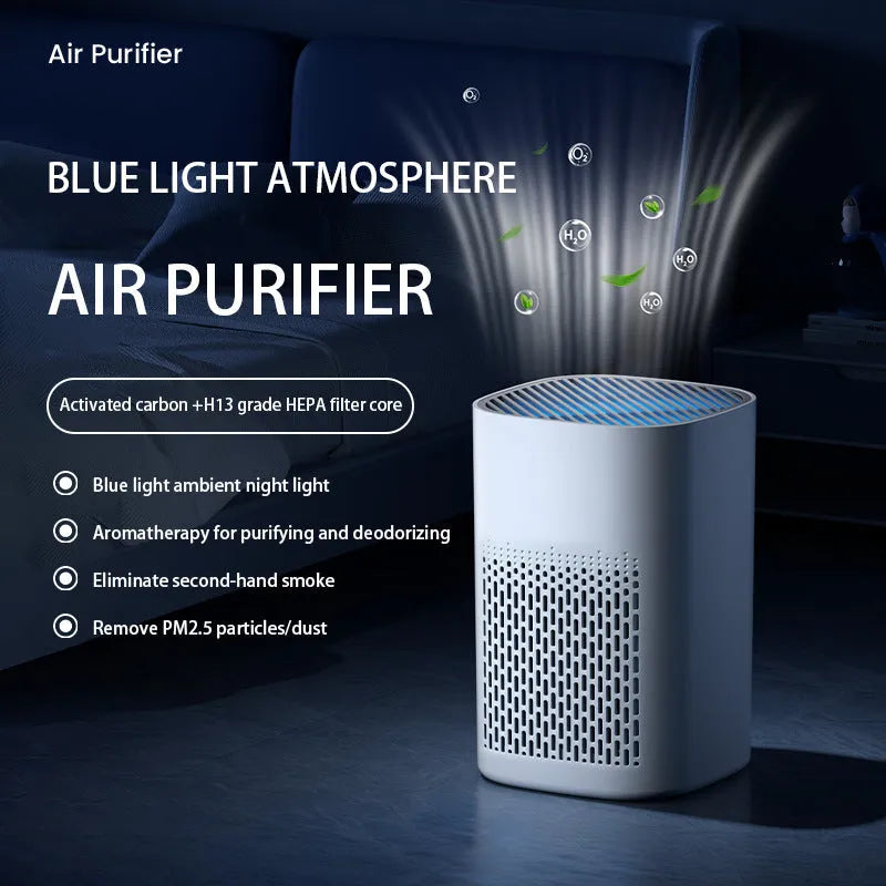 Simple style desktop air purifier with USB cable on a wooden desk.