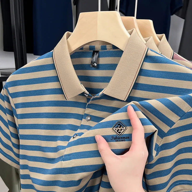 Men's striped casual short sleeve T-shirt in polyester showing mosaic pattern detail.