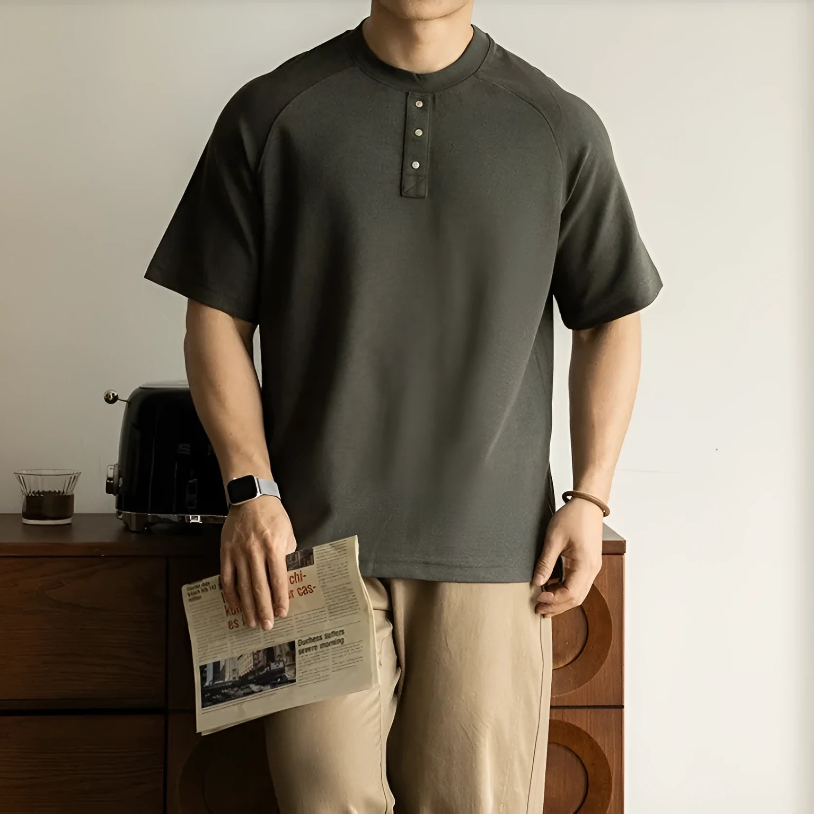 Casual loose top with raglan sleeves in terry texture fabric, shown in neutral colours