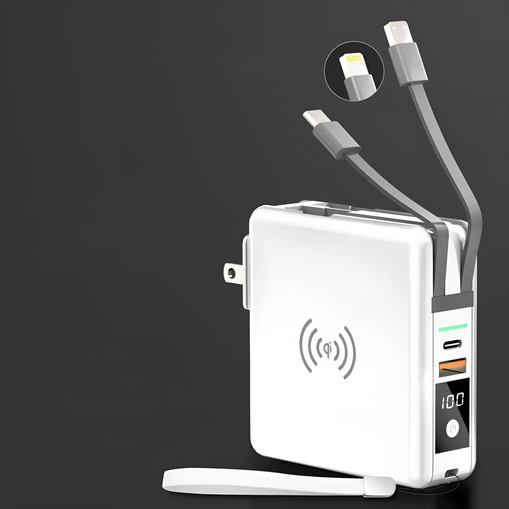 Super QI wireless charging power bank with folding AC plug in black or white colour