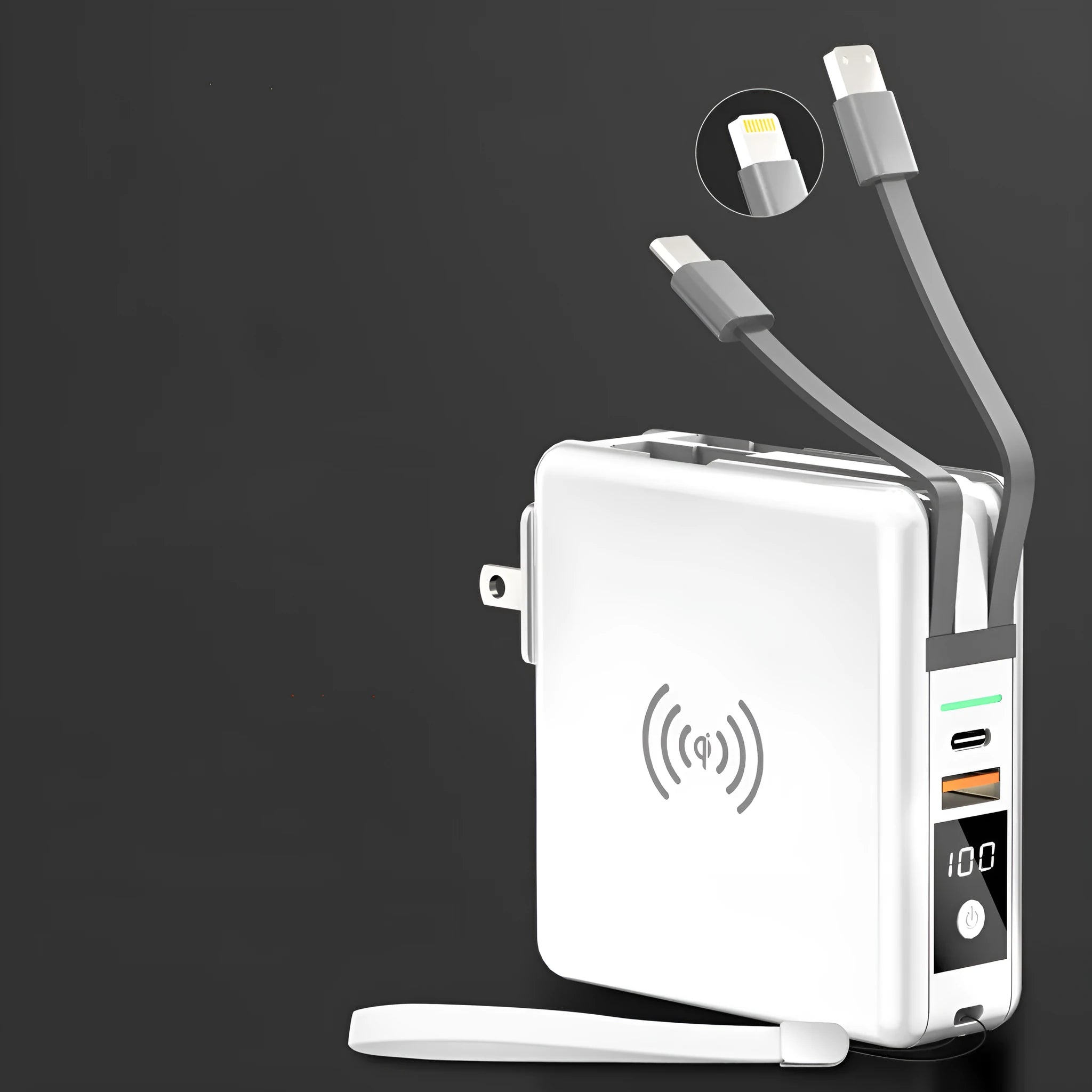 Super QI wireless charging power bank with folding AC plug in black or white colour