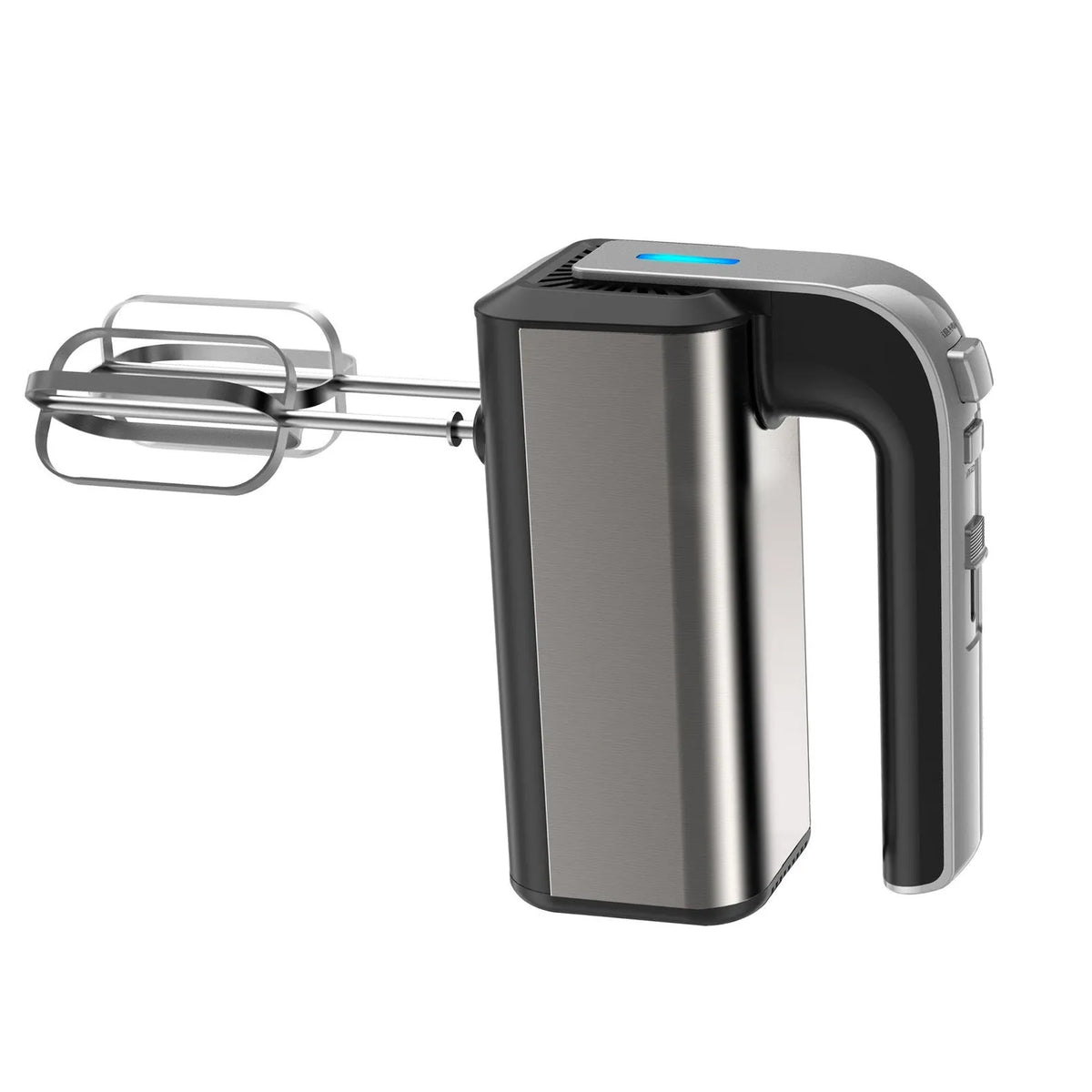 Silver handheld electric kitchen whisk with stainless steel beaters and speed control dial