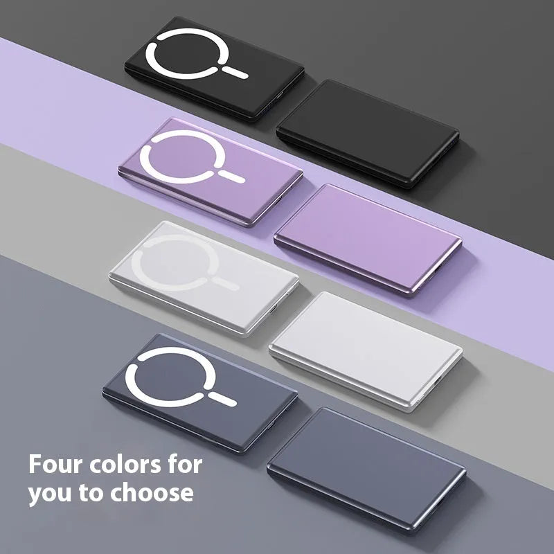 Ultra-thin magnetic power bank with alloy shell in black, dark gray, silver or violet colours