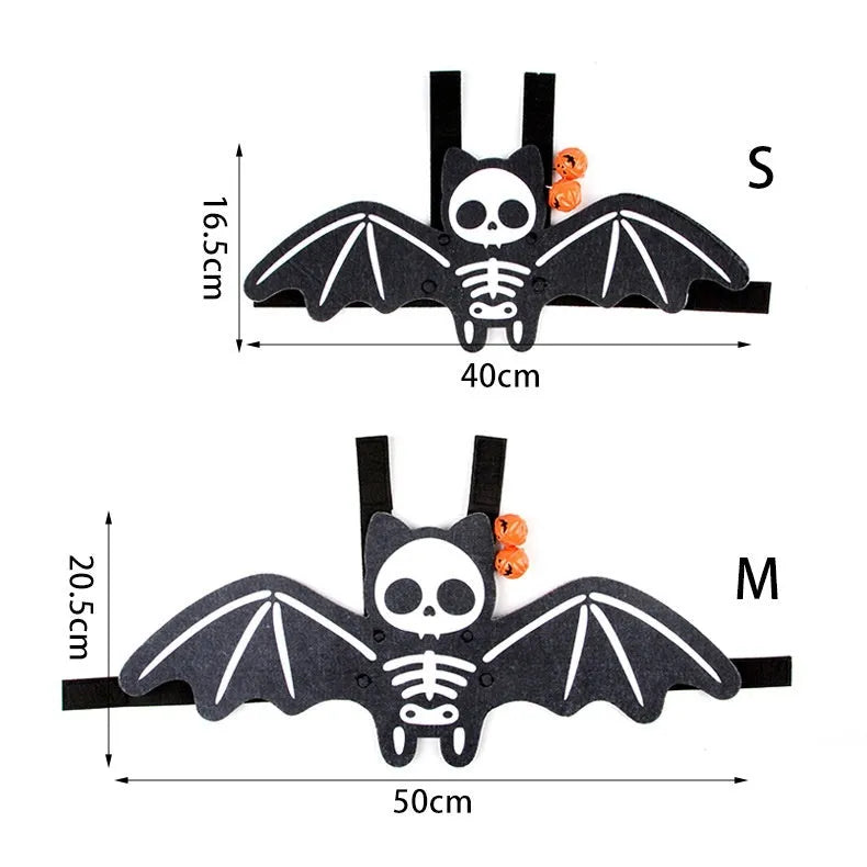 Orange and black batwing costume on a cat for Halloween, with felt fabric and optional bell.