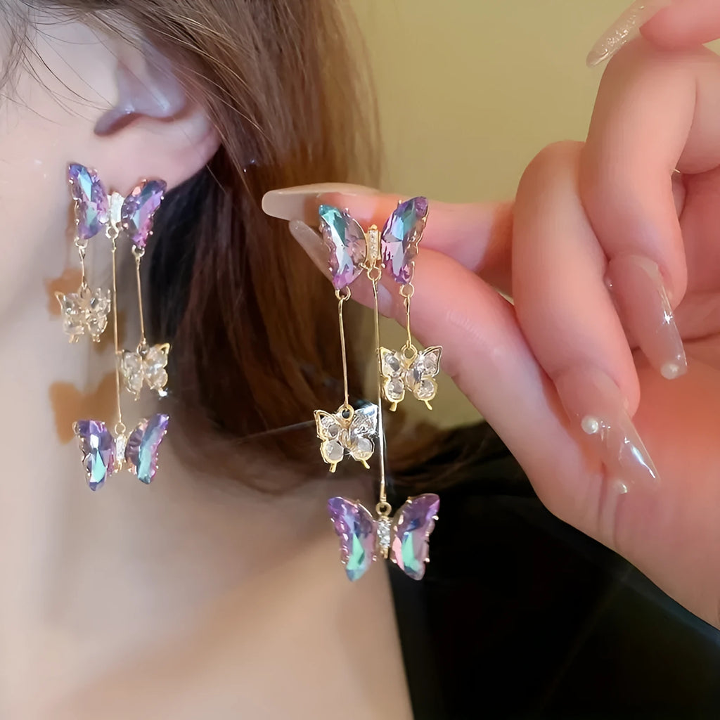 Silver needle blue purple butterfly tassel earrings with crystal flowers for women