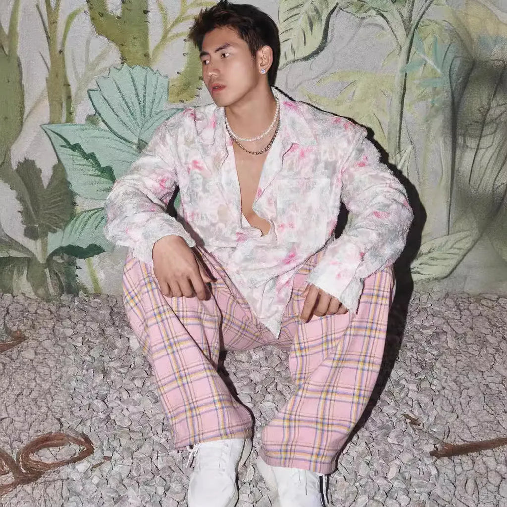 Men's pink floral long sleeve shirt with embossed three-dimensional pattern and loose fit design