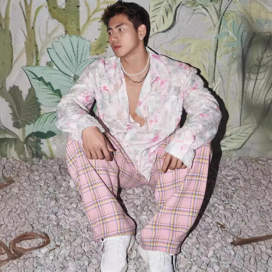 Men's pink floral long sleeve shirt with embossed three-dimensional pattern and loose fit design