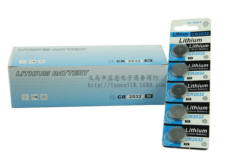 A card of five round, silver CR2032 3V lithium button batteries.
