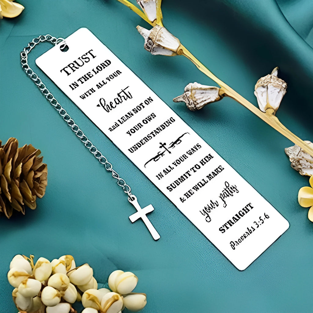 Stainless steel bookmark with etched Bible verse in a steel colour finish