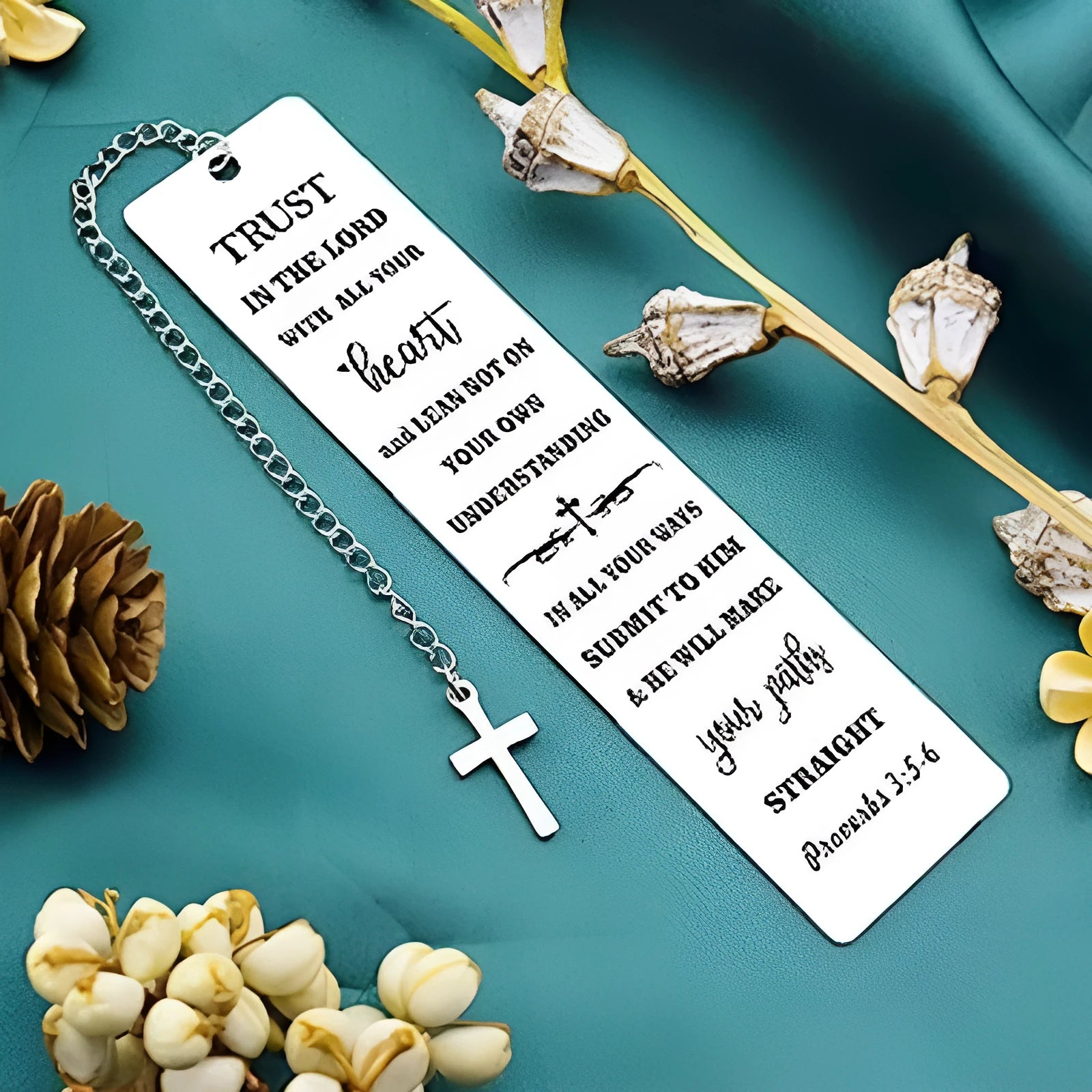 Stainless steel bookmark with etched Bible verse in a steel colour finish