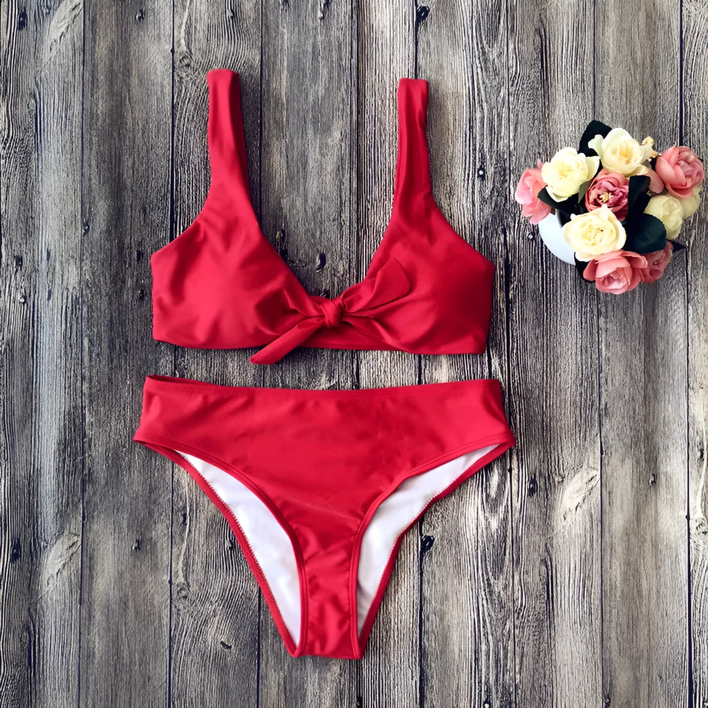 Women's polyester bikini set in solid colours with sleeveless design