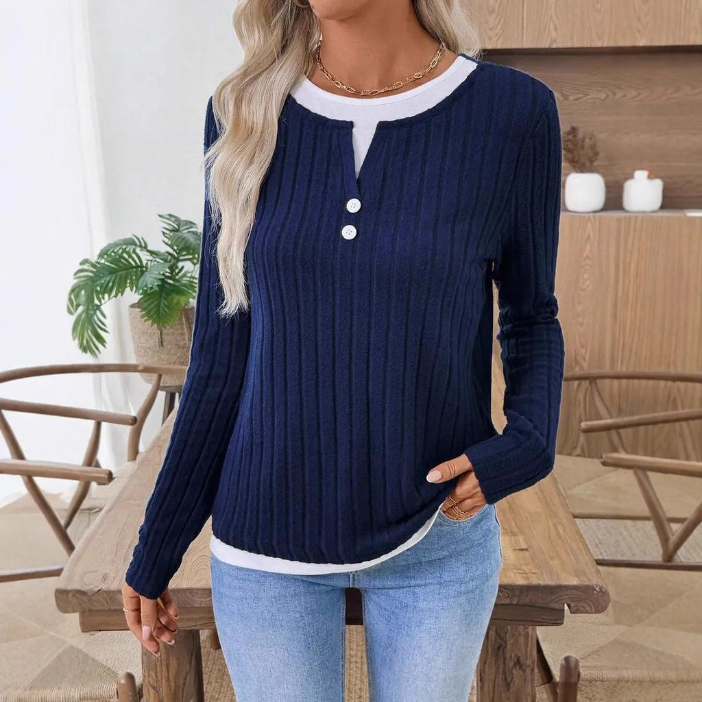 Women's fake two-piece round neck button pullover sweater in concave stripe polyester fabric