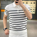 Black and white striped knitted T-shirt with a lapel collar, shown as a pullover.