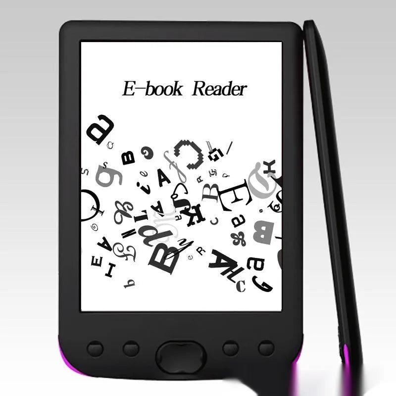 Black 6-inch E-ink touchscreen e-book reader showing a book page on its display.