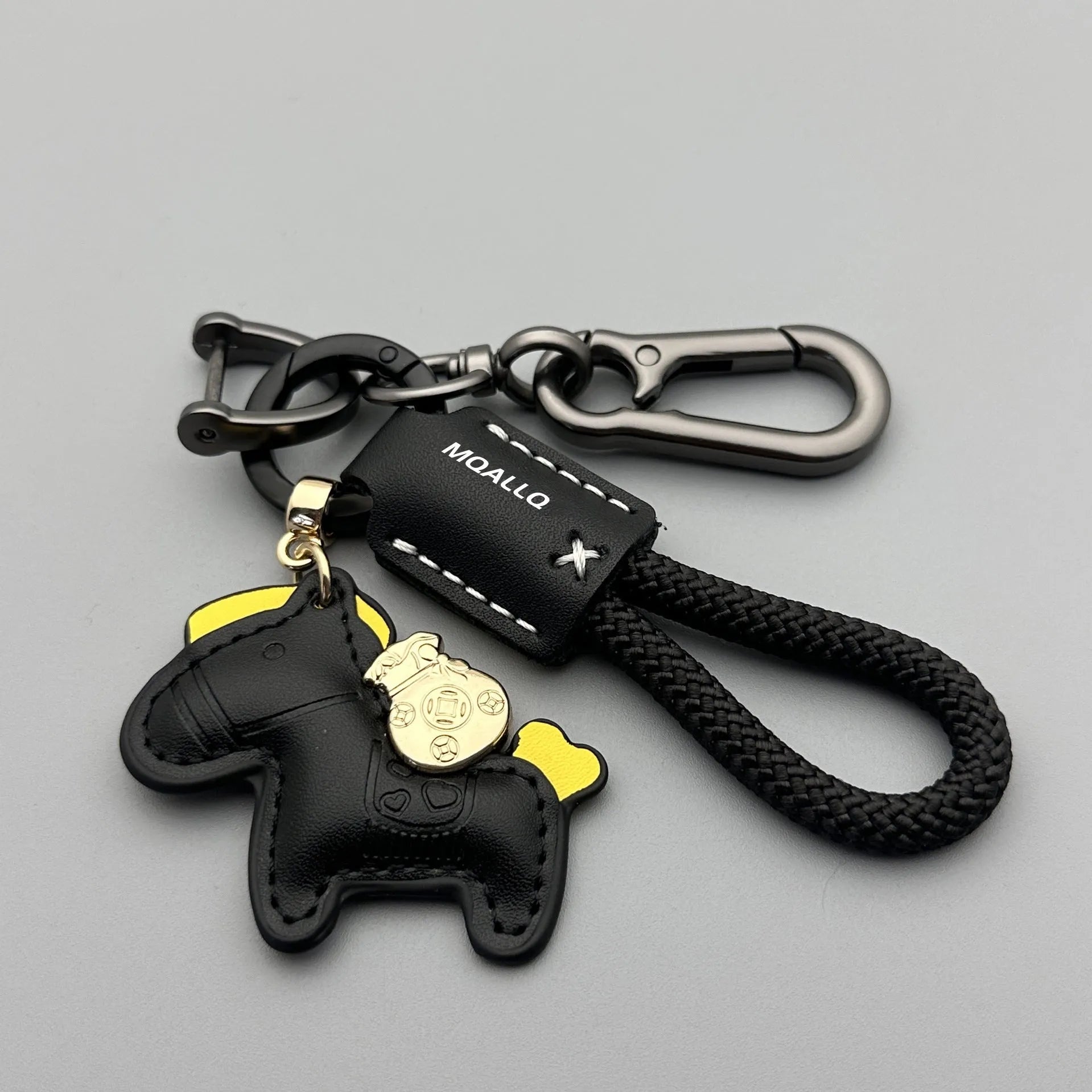 Cowhide car key ring pendant with zinc alloy pony belt buckle on flanelle rope in various colour options