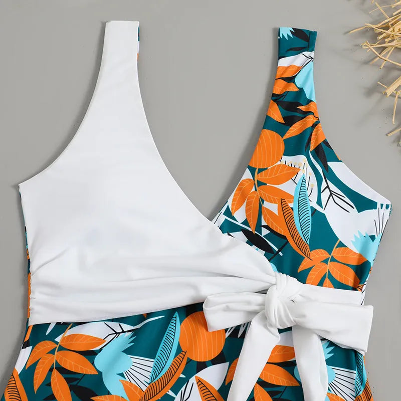 Women's high waist one-piece bikini in a printed pattern, made from quick-dry fabric.