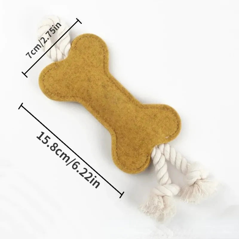 Felt bone shaped dog chew toy with rope knot texture in blue colour