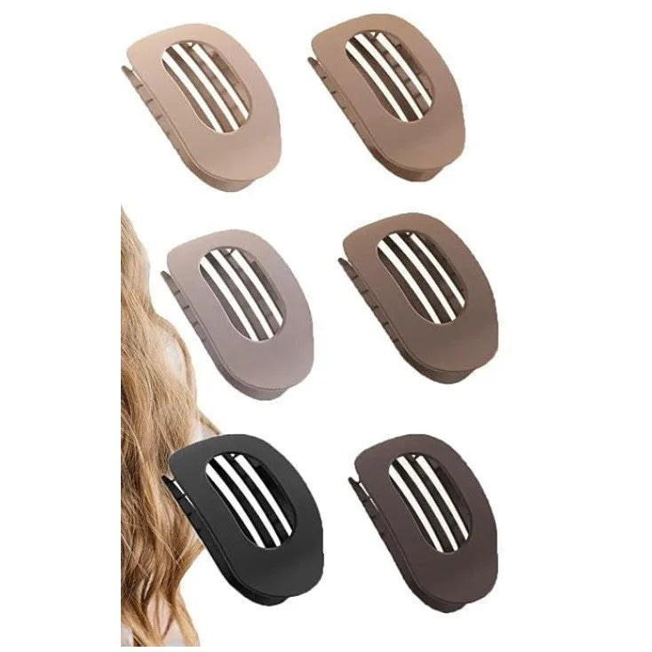 Six rose red plastic hair clips with quadrilateral shape and frosted grip, presented in an OPP bag.