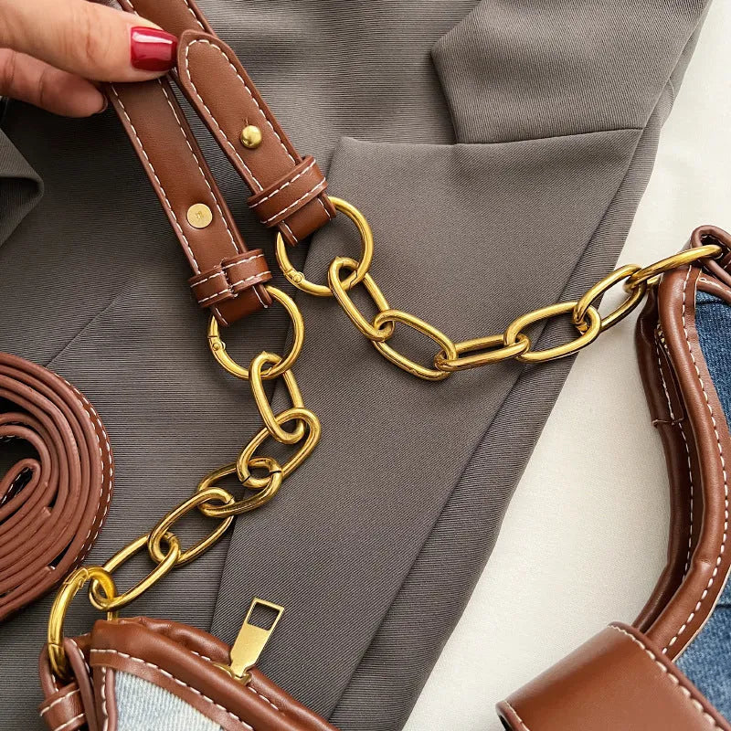Brown denim women's shoulder bag with diamond chain, bucket design and street trend detailing