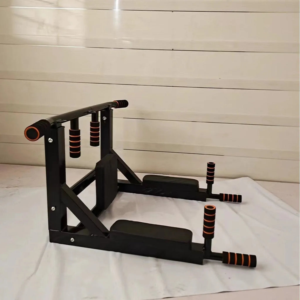Black wall-mounted fitness equipment with sandbag rack and parallel bars for pull-up training