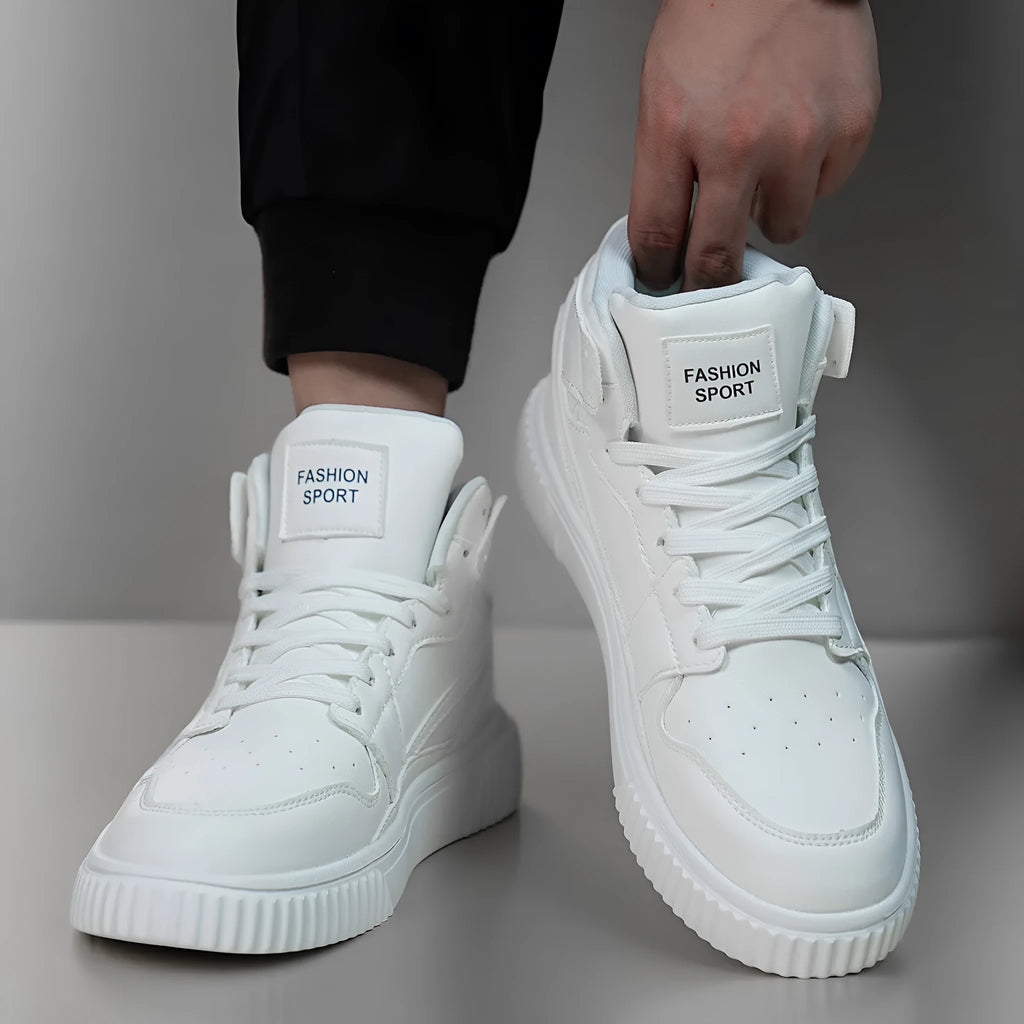 White men's casual shoes with round toe design and microfiber upper material