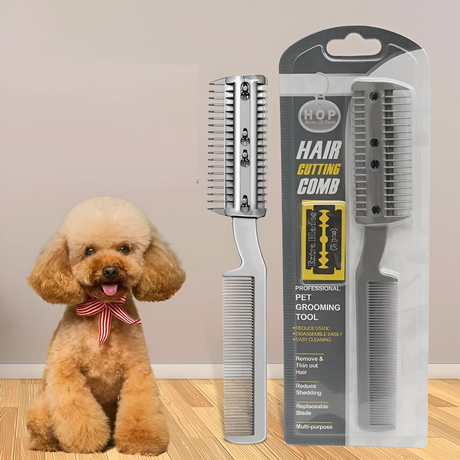Plastic dog grooming cleaning comb with removable blade in blister packaging
