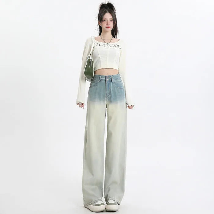 Women's gradient blue straight-leg denim trousers with wide-leg cut on hanger